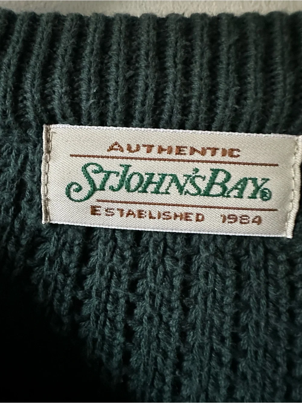 Vintage 90s St John’s Bay Chunky Knit Green Cotton Sweater Preppy Grandpa
